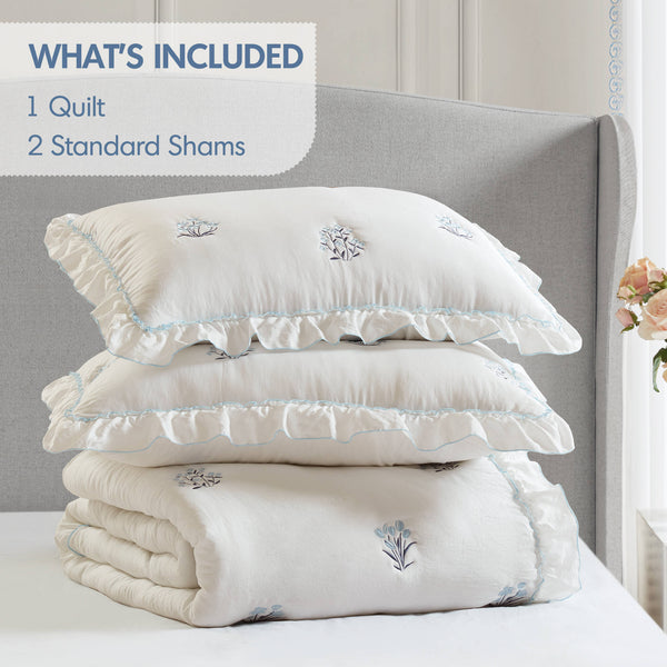 English Elm 3-piece Floral Embroidered Quilt Set Ruffled Trim Romantic Bedding for Full Queen Beds White+Blue B035P463190