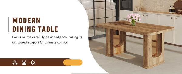 English Elm 64.5 Inch Stylish Wood-Textured Dining Table 64.5x35.4 MDF Top with Brown Glass Inlay, Modern Durable Design W1151S03541