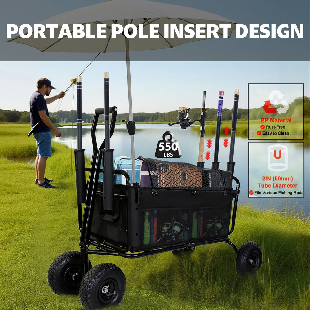 English Elm Fishing Beach Cart Collapsible Steel Wagon with Rod Holders and All-terrain Wheels W2932P354215