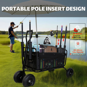 English Elm Fishing Beach Cart Collapsible Steel Wagon with Rod Holders and All-terrain Wheels W2932P354215