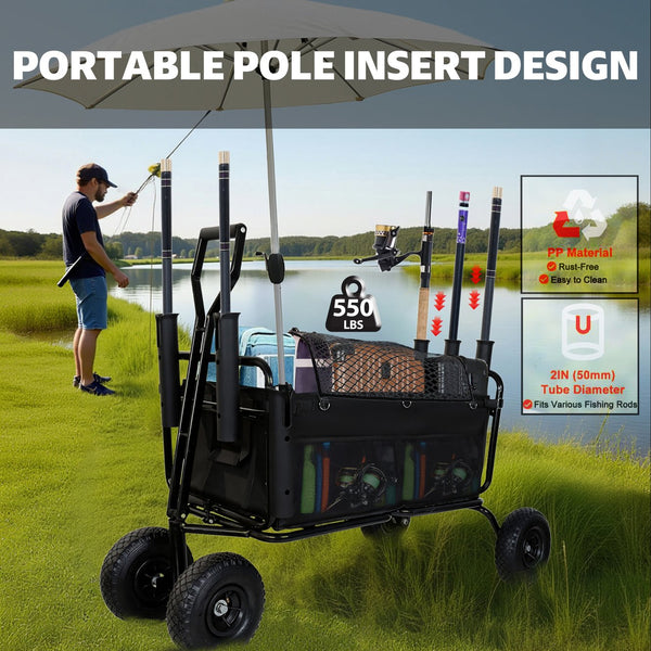 English Elm Fishing Beach Cart Collapsible Steel Wagon with Rod Holders and All-terrain Wheels W2932P354215