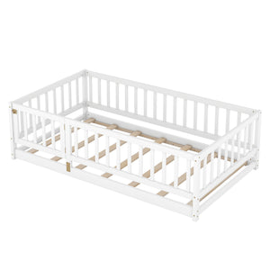 English Elm Twin Montessori Pine Floor Bed with Perimeter Fence Door and Slatted Base for Kids W1820P399071