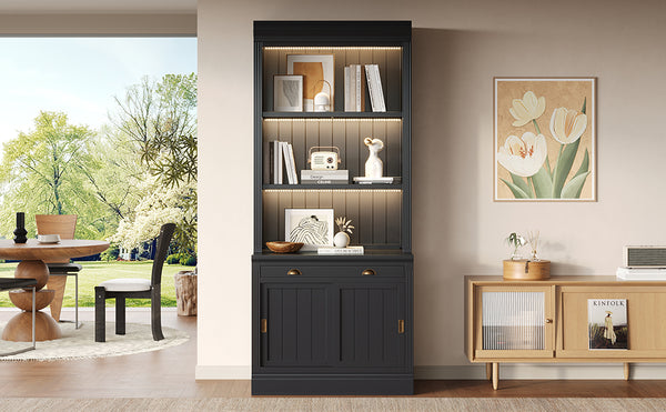 English Elm 83.4"Tall Modern Bookshelf With Led Lighting, Sliding Doors & Open Shelves For Stylish Storage Solutions N751S280596B