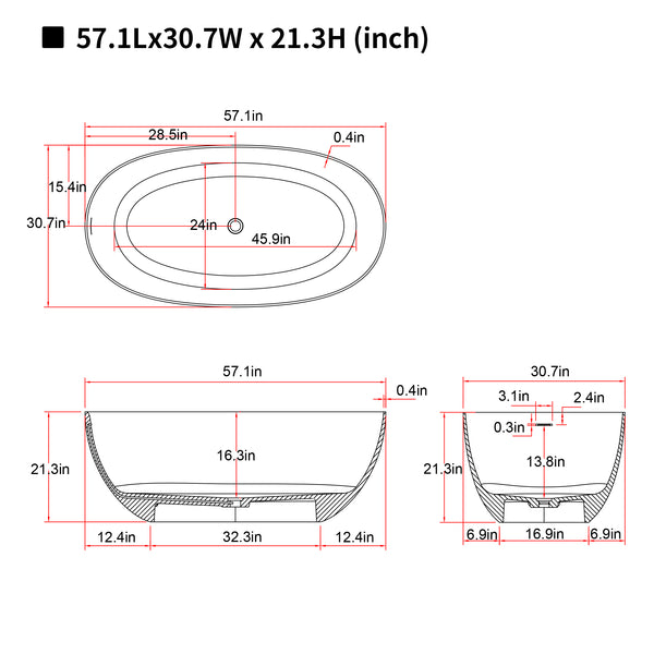 English Elm 57″solid Stone Resin Freestanding Soaking Tub Oval Matte White Spa Bathroom Turquoise Green W2753P347490