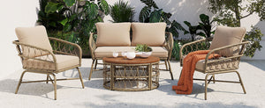 English Elm GO Bohemia woven 4-person patio conversation set with removable water-resistant cushions, oval acacia tabletop and adjustable feet for comfy, stylish outdoor lounging FG201236AAA