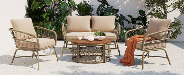 English Elm GO Bohemia woven 4-person patio conversation set with removable water-resistant cushions, oval acacia tabletop and adjustable feet for comfy, stylish outdoor lounging FG201236AAA