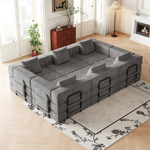 English Elm 6 Seater Corduroy Floor Sofa Bed with Storage Pockets for Living Room or Bedroom W3505S00021