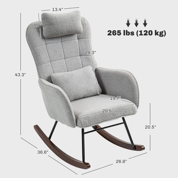 English Elm HOMCOM Boucle Rocking Chair with Headrest & Lumbar Pillow, High Back Plush Foam, Steel Frame, Light Gray W2225P249588