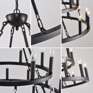 English Elm 39.37 Inch Three Tier Wagon Wheel Chandelier 36 Light Black Metal for High Ceilings W5008P392646