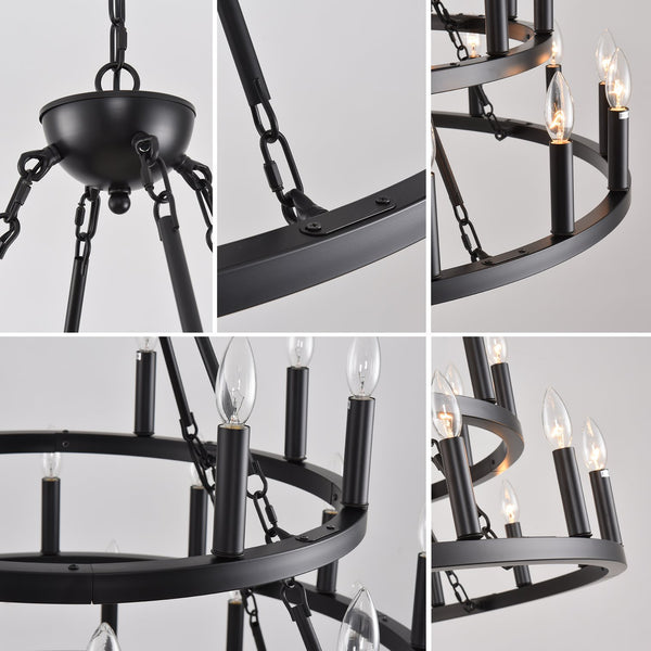 English Elm 39.37 Inch Three Tier Wagon Wheel Chandelier 36 Light Black Metal for High Ceilings W5008P392646