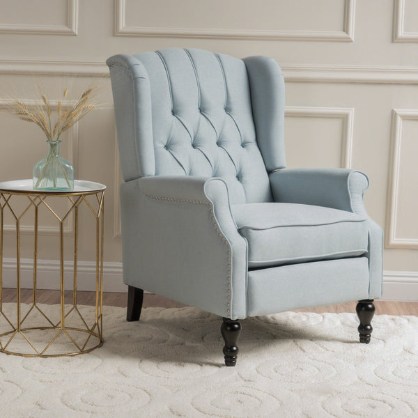English Elm Charcoal Wingback Pushback Recliner with Button Tufted Diamond Fabric Upholstery Light Blue N763P410529H