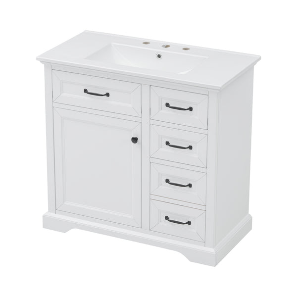 English Elm Christopher Knight Home® - 36" Bathroom Vanity with Ceramic Sink, Soft-Close Doors, 4 Drawers & Ample Storage, Freestanding White N759P223021K