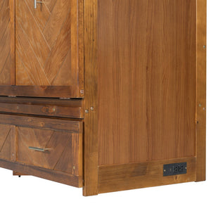 English Elm Queen Murphy Cabinet Bed Pine Wood Geometric Panels Usb Charging Guest Room Storage W504S00303
