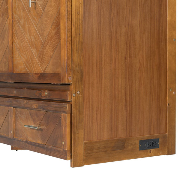 English Elm Queen Murphy Cabinet Bed Pine Wood Geometric Panels Usb Charging Guest Room Storage W504S00303
