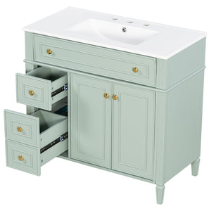 English Elm 36 Inch Freestanding Bathroom Vanity Sage Pine Cabinet Gold Hardware Ceramic Sink Green N725P366468G