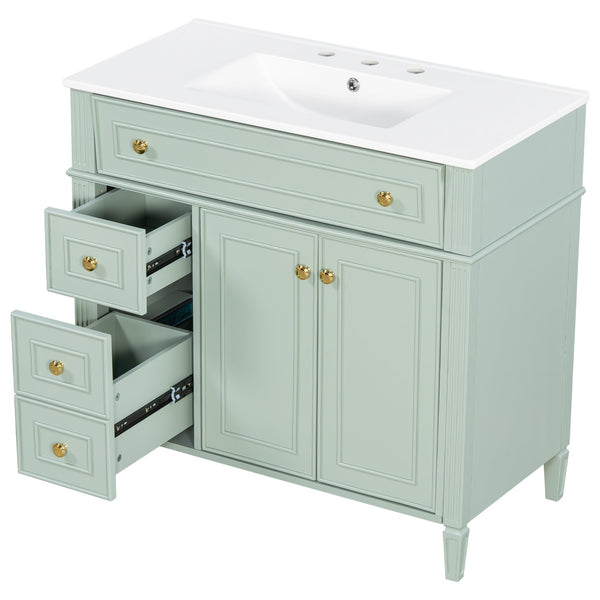 English Elm 36 Inch Freestanding Bathroom Vanity Sage Pine Cabinet Gold Hardware Ceramic Sink Green N725P366468G