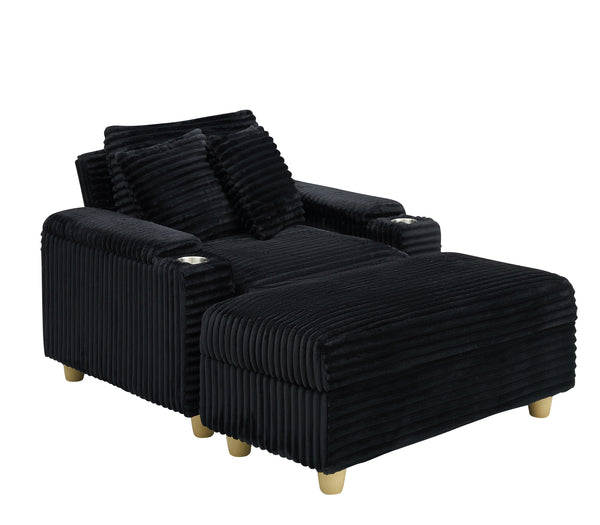 English Elm Black corduroy single sofa with ottoman storage, built-in armrest compartments, removable pillows, modern cozy design W1658S00135