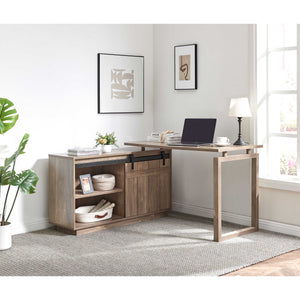 English Elm Desk L-Shaped Workstation With Storage Credenza & Sliding Barn Door – Modern Hazelnut Finish Design B107S00003