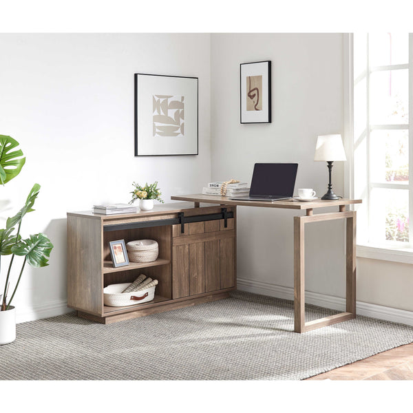 English Elm Desk L-Shaped Workstation With Storage Credenza & Sliding Barn Door – Modern Hazelnut Finish Design B107S00003