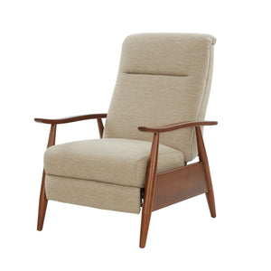 English Elm Tustin Mid-century Push Back Recliner with Chestnut Wood Arms and Performance Fabric Beige B050P429143