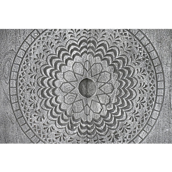 English Elm Zera Handcrafted 39" Accent Cabinet – Sandblasted Gray Mango Wood, Medallion Doors, Iron Stand B056P390833