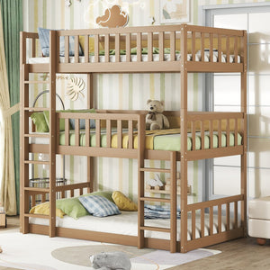 English Elm Twin Triple Rubberwood Bunk Bed with Ladders & Guardrails, Space-Saving Modular Design for Families White Oak W504S00172