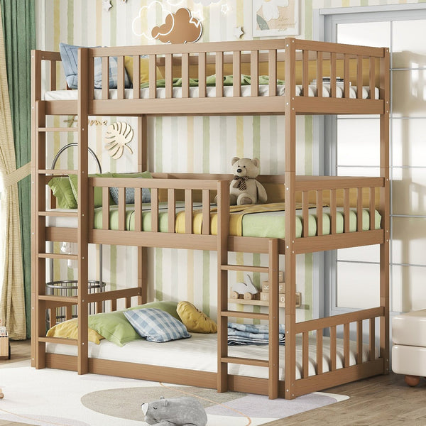 English Elm Twin Triple Rubberwood Bunk Bed with Ladders & Guardrails, Space-Saving Modular Design for Families White Oak W504S00172