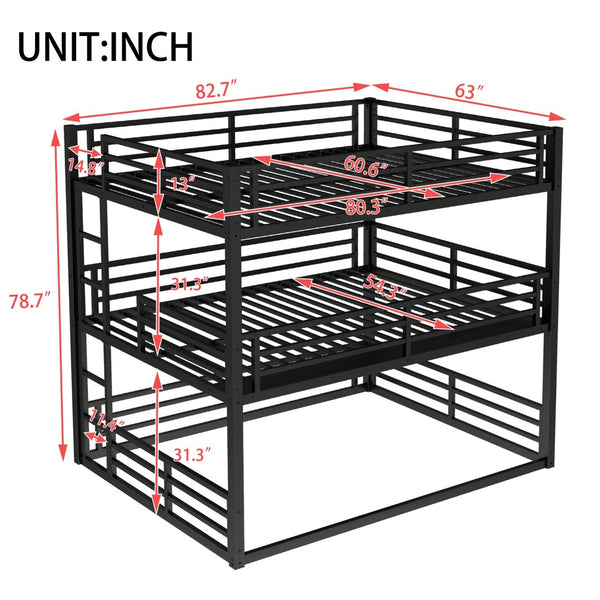English Elm Queen Metal Triple Bunk Bed - Space-Saving Design With Safety Guardrails & Noise Reduction, Black Finish W1580S00176-GIGA