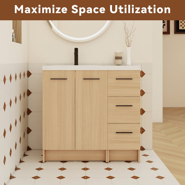 English Elm 36" Floating Bathroom Vanity Light Oak Modular Cabinet with Gel Coat Integrated Sink W3450S00098