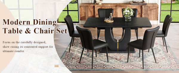 English Elm Black Wood Grain Mdf Dining Table Set Seats Six with Pu Leather Stripe Chairs W1151S04428