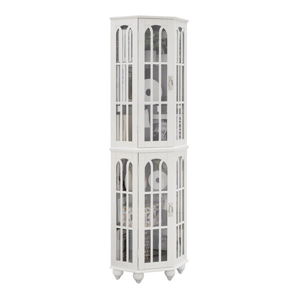 English Elm Corner Curio Cabinet with 6 Shelves, Tempered Glass Display, Built-In Lighting, Mirrored Back White W1693P216951