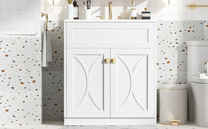 English Elm 30'' Bathroom Vanity With Ceramic Sink Combo - Modern Freestanding Cabinet, Gold Handles & Soft-Close Doors N710P194898K