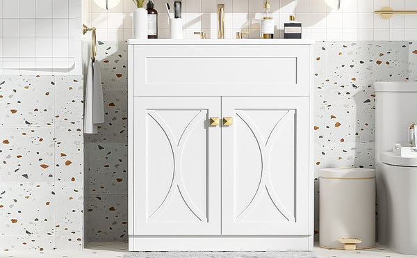 English Elm 30'' Bathroom Vanity With Ceramic Sink Combo - Modern Freestanding Cabinet, Gold Handles & Soft-Close Doors N710P194898K