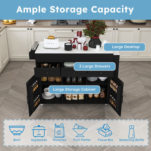 English Elm 74.8" Rolling Kitchen Island Extendable Marble Veneer Top with Power Outlet and Storage W2700S00106