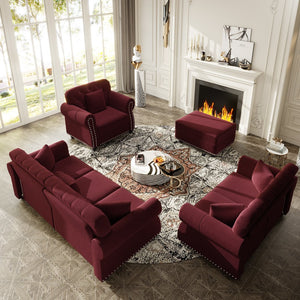 English Elm Upholstered Velvet Chesterfield Sofa Set with Button Tufting Nailhead Trim and Ottoman Burgundy W1885S00390