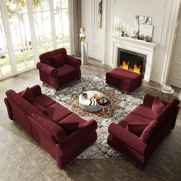 English Elm Upholstered Velvet Chesterfield Sofa Set with Button Tufting Nailhead Trim and Ottoman Burgundy W1885S00390