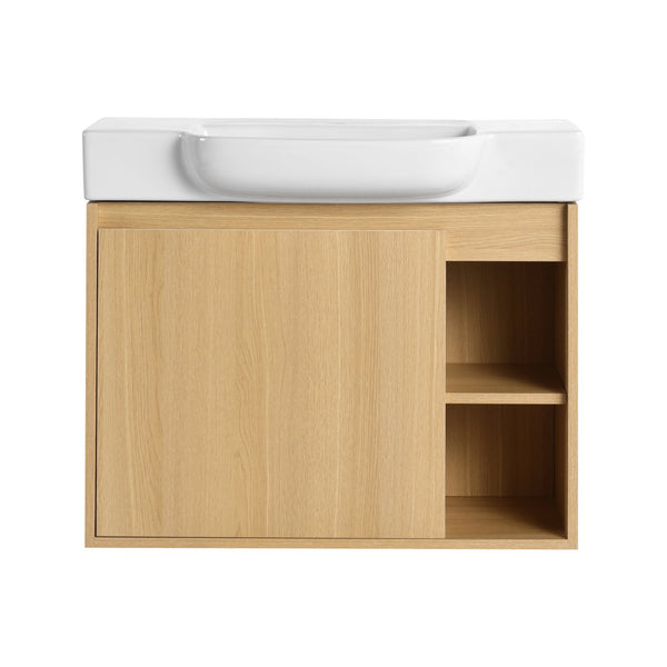 English Elm 28'' Floating Bathroom Vanity with Ceramic Sink Soft Close Door Melamine Cabinet Light Oak W999P426639