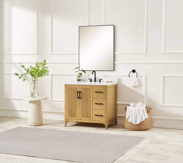 English Elm 36 Inch Solid Wood Bathroom Vanity with Built-in Power Station and Soft-close Drawers W2316P380508
