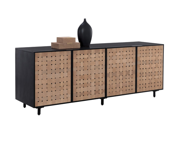 Sunpan Omari Sideboard - Stylish Suede Light Tan Leather with Unique Weaved Design and Matte Black Base Large - 80W x 22D x 30.5H