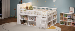 English Elm Queen Loft Bed with Open Shelving Built-in Led Light White Wood Frame N7090005025K