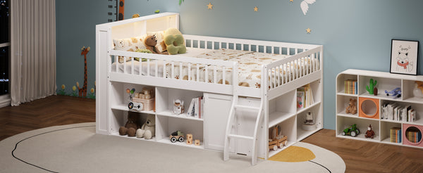 English Elm Queen Loft Bed with Open Shelving Built-in Led Light White Wood Frame N7090005025K