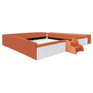 English Elm King Velvet Kids Platform Bed with Padded Guardrails Staircase and Storage Ottoman Brown+White SF000204AAD