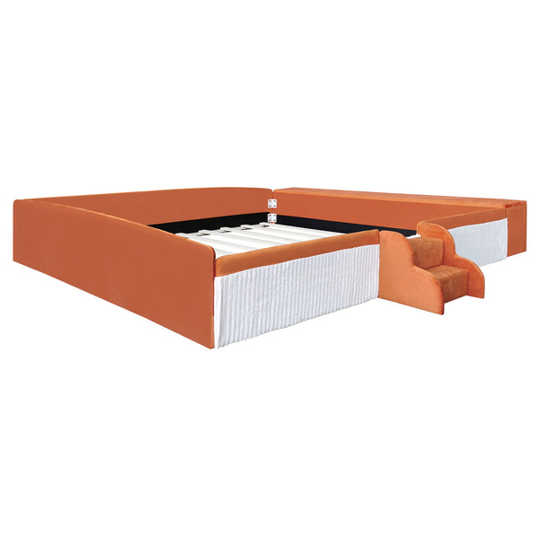 English Elm King Velvet Kids Platform Bed with Padded Guardrails Staircase and Storage Ottoman Brown+White SF000204AAD