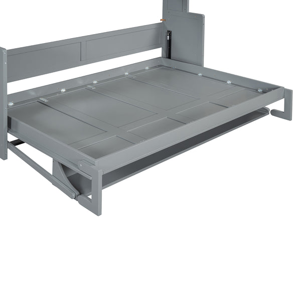 English Elm Full Size Murphy Bed With Hydraulic Lift & Integrated Desk For Space-Saving, Gray Pinewood Design N820S00032E