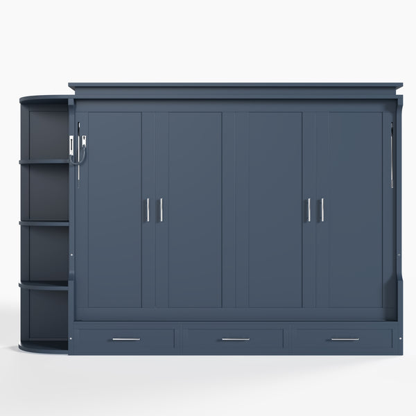 English Elm Queen Murphy Wall Bed with Side Cabinets Open Shelving and Drawers for Studio Rooms Blue W1580S00453