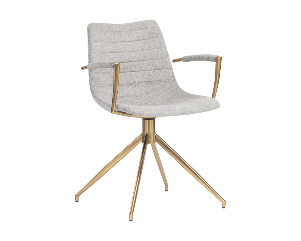 Sunpan Andres Swivel Dining Armchair – Elegant Industrial Design with Gold Legs for Stylish Dining Spaces Belfast Heather Grey