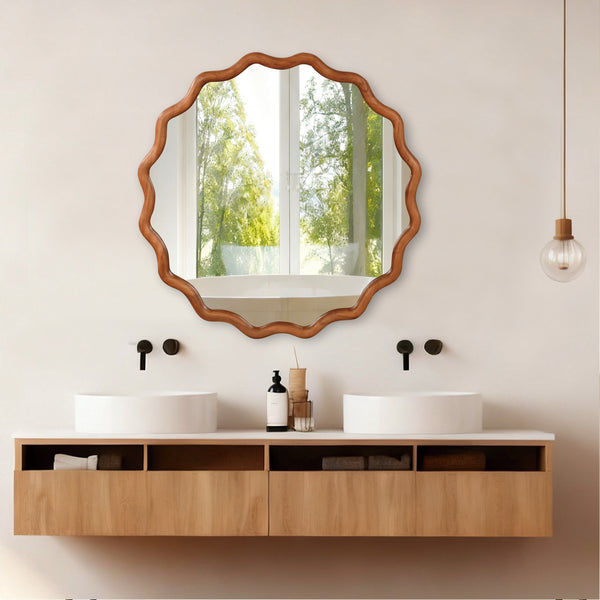 English Elm Yellowish 36in Wavy Round Solid Wood Frame Mirror, Tempered Glass, Rustic Boho Decor for Home W2203P389086