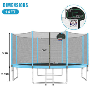English Elm 14ft Round Backyard Trampoline with Enclosed Safety Net Basketball Hoop and Ladder Blue N739S000003C