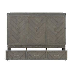 English Elm Queen Murphy Cabinet Bed Pine Wood Geometric Panel Antique Grey with Usb Charging W504S00302