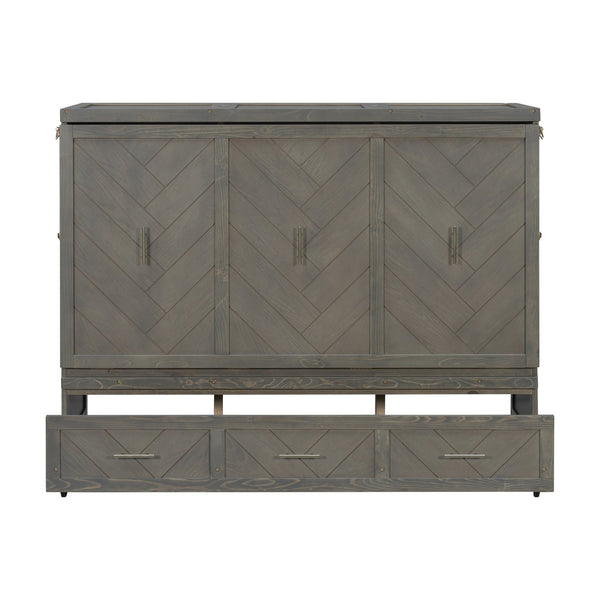 English Elm Queen Murphy Cabinet Bed Pine Wood Geometric Panel Antique Grey with Usb Charging W504S00302